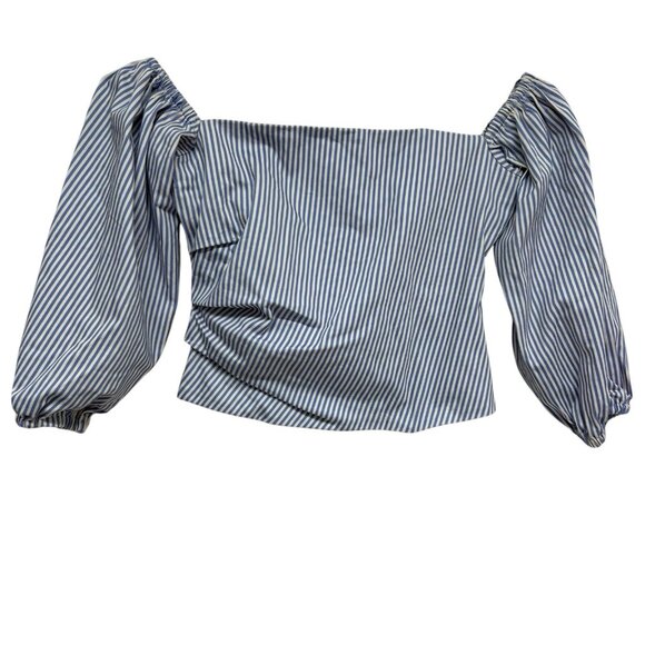 Bebe Poplin Off Shoulder Blue White Striped Top 2 Cotton Nautical Date Night Bea - Picture 4 of 11